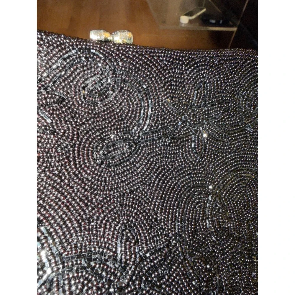 Vintage Black Beaded Floral Clutch Evening Bag Made in Japan Kiss Lock Purse